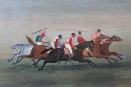 ENGLISH SCHOOL (XX). A pair of naive horse racing scenes, oils on board, a pair, framed, 32 x 44