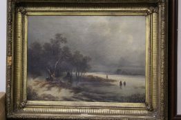 A LARGE GILT FRAMED OIL ON CANVAS OF FIGURES ON ICE INDISTINCTLY SIGNED LOWER LEFT