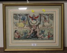 A FRAMED AND GLAZED VINTAGE PRINT OF A SATIRICAL POLITICAL STUDY