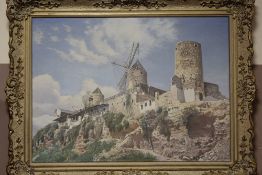 AN ORNATE GILT FRAMED OIL ON CANVAS OF A CONTINENTAL WINDMILL SCENE SIGNED S.E. WHARTON