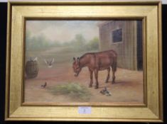A GILT FRAMED OIL ON CANVAS DEPICTING A DONKEY SIGNED LOWER RIGHT E. HUNT