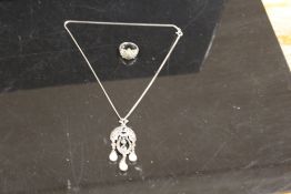 A VINTAGE SILVER MARCASITE PEARL NECKLACE TOGETHER WITH MARCASITE DECO STYLE RING