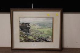 A FRAMED AND GLAZED WATERCOLOUR OF HILLSIDE SCENE SIGNED IRENE STEWERT