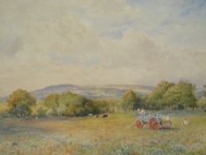 GEORGE F. GLENNIE (1861-1882). Wooded landscape with children, cart and cattle in a meadow, hills