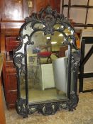 A LARGE MODERN BLACK MIRROR H-142 W-87 CM - CRACKED GLASS