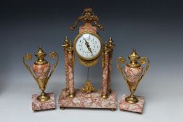 A CONTINENTAL GILT PORTICO CLOCK GARNITURE, H 37 cm (3)