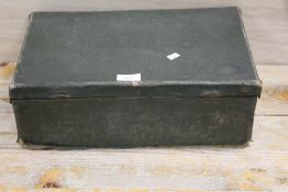 A VINTAGE SMALL SUITCASE TOGETHER WITH A MILITARY TIN PLUS OTHERS