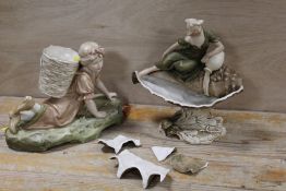 A ROYAL DUX FIGURE OF A CHILD CARRYING A GRAPE PICKING BASKET TOGETHER WITH A ROYAL DUX FIGURE OF