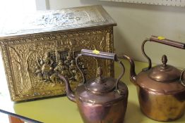 TWO COPPER KETTLES TOGETHER WITH A SMALL BRASS COAL BOX