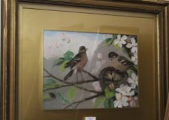 A GILT FRAMED AND GLAZED PASTEL / MIXED MEDIA ON BOARD OF BIRDS AND NEST - INITIALLED LOWER RIGHT