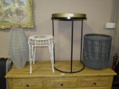 A MODERN LAMP TABLE, METAL WIRE STOOL ETC (4)