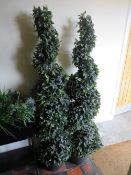 A PAIR OF MODERN TREES S/D AND PLANTERS WITH ARTIFICIAL PLANTS