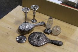 A SELECTION OF HALLMARKED SILVER DRESSING TABLE ITEMS ETC TO INCLUDE A PAIR OF VASES - ALL A/F