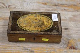 A LATE 18TH / EARLY 19TH CENTURY LEAD LINED BOX WITH PAINTED OVAL CARTOUCHE TO LID