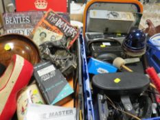 TWO TRAYS OF ASSORTED COLLECTABLES, TO INCLUDE GUITAR TUNER, TINPLATE SIGNS,, A UNIVERSAL AVOMETER