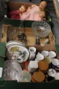 THREE TRAYS OF ASSORTED SUNDRIES TO INCLUDE THREE VINTAGE DOLLS, CERAMICS, GLASS ETC