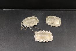 THREE HALLMARKED SILVER DECANTER LABELS - SHERRY, SHERRY & BRANDY