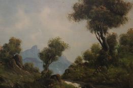 A GILT FRAMED OIL ON CANVAS MOUNTAINOUS LANDSCAPE SIGNED HANNAH LOWER RIGHT TOGETHER WITH A LARGE