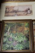 A FRAMED AND GLAZED RUSSELL FLINT PRINT TOGETHER WITH A FRAMED OIL ON BOARD ON LUPINS IN THE