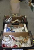 THREE TRAYS OF ASSORTED CERAMICS AND GLASS ETC TO INCLUDE A COUNTRY ARTISTS MODEL OF A KESTREL