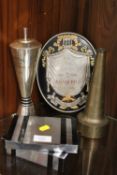A VINTAGE LONG SERVICE AWARD, TWO ART DECO LIDDED BOXES, VINTAGE FIREMANS HOSE NOZZLE (5)