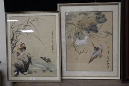 A PAIR OF CHINESE WATERCOLOUR ON SILK FRAMED AND GLAZED PAINTINGS - ONE OF A MANDARIN DUCK, THE