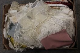 A TRAY OF ASSORTED FABRICS ETC TO INCLUDE LACE