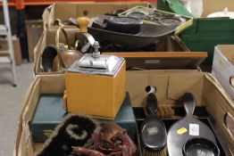 THREE TRAYS OF ASSORTED COLLECTABLES ETC TO INC ART NOUVEAU COPPER CRUMB TRAY, SCALES AND WEIGHTS,