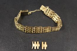 AN UNUSUAL STYLE GATE BRACELET WITH SAFETY CHAIN STAMPED 15CT - TOGETHER WITH SPARE LINK PARTS