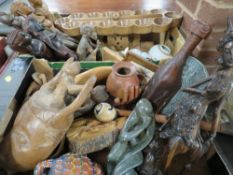 TWO TRAYS OF ASSORTED TREEN AND CARVED TRIBAL FIGURES ETC TO INC WALL MASK, AFRICAN MARBLE GAME
