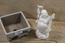 AN ORIENTAL BLUE AND WHITE WITH CHARACTER MARK TO BASE, TOGETHER WITH A BALANCE DE CHINE FIGURE OF A