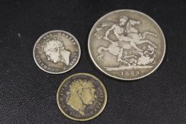 THREE ANTIQUE BRITISH COINS INCLUDING A VICTORIAN CROWN DATED 1889