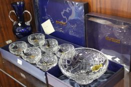 A BOXED WEBB CORBETT LEAD CRYSTAL BOWL TOGETHER WITH A BOXED WEBB CORBETT SIX BOWL SET AND A GLASS