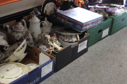 FOUR TRAYS OF ASSORTED CERAMICS AND SUNDRIES TO INCLUDE A CERAMIC SHIRE HORSE WITH CART
