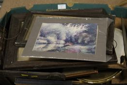 A TRAY OF ASSORTED VINTAGE FRAMED PRINTS AND PHOTOGRAPHS ETC