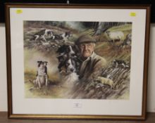 A SIGNED LIMITED EDITION MICK CAWSTON PRINT- STUDY OF A SHEEP DOG, SHEPHERD AND SHEEP
