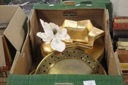 A TRAY OF ASSORTED PLATES, CANDLE HOLDERS ETC (TRAY NOT INCLUDED)