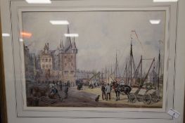EDWIN HALL (1827-1877) WATER COLOUR OF A TOWN SCENE. SIGNED TWICE, ONCE TO A BARREL (TOWN LOFT AND