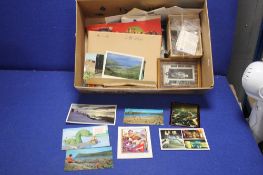 A TRAY OF EPHEMERA TO INCLUDE POST CARDS, BROOKE BOND PICTURE CARD ALBUMS WITH PICTURES, ESSO