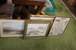 TWELVE PICTURES AND PRINTS TO INCLUDE A FRAMED MAP OF STAFFORDSHIRE 52 X 42 CM