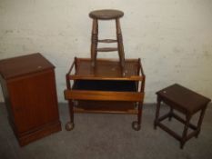 FOUR ITEMS TO INCLUDE A TEA TROLLEY, A SIDE CUPBOARD, STOOL AND A TABLE