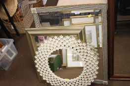 A COLLECTION OF 3 MIRRORS ROUND METAL FRAMED AND 2 OBLONG MIRRORS THE LARGEST IS 80 CM BY 59 CM