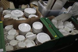 THREE TRAYS OF ROYAL DOULTON AMERSHAM TEA AND DINNERWARE (TRAYS NOT INCLUDED)
