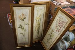 FOUR FRAMED PICTURES OF FLOWERS UNDER GLASS 100 CM X 39 CM