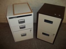 TWO SMALL LOCKING STEEL FILING CABINETS AND A LLOD LOOM STYLE CHAIR