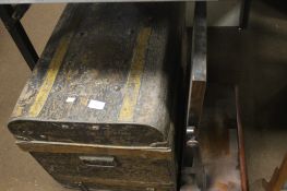 A TIN TRUNK TOGETHER WITH A MAHOGANY DRESSING TABLE MIRROR