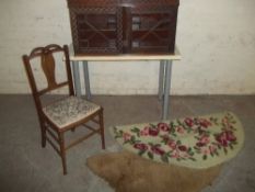 A CABINET TOP CUPBOARD TOGETHER WITH A CHAIR AND 2 RUGS