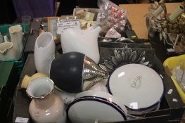 TWO TRAYS OF ASSORTED CERAMICS AND SUNDRIES TO INCLUDE A QUANTITY OF SALT AND PEPPER POTS