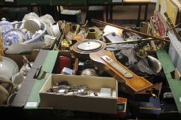 TWO TRAYS OF ASSORTED TREEN AND METALWARE TO INCLUDE A BRASS INK WELL ETC (TRAYS NOT INCLUDED)