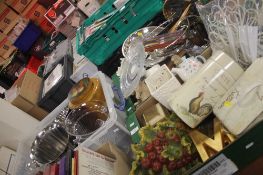 THREE TRAYS OF ASSORTED CERAMICS, SUNDRIES AND METALWARE (TRAYS NOT INCLUDED)